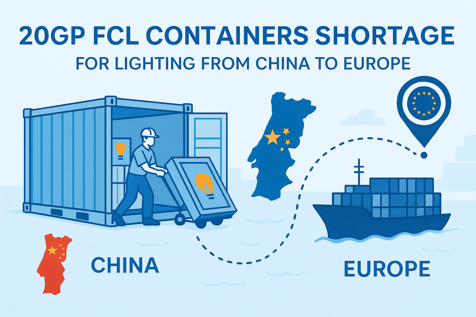 20GP FCL container shortage solution for lighting from China to Europe