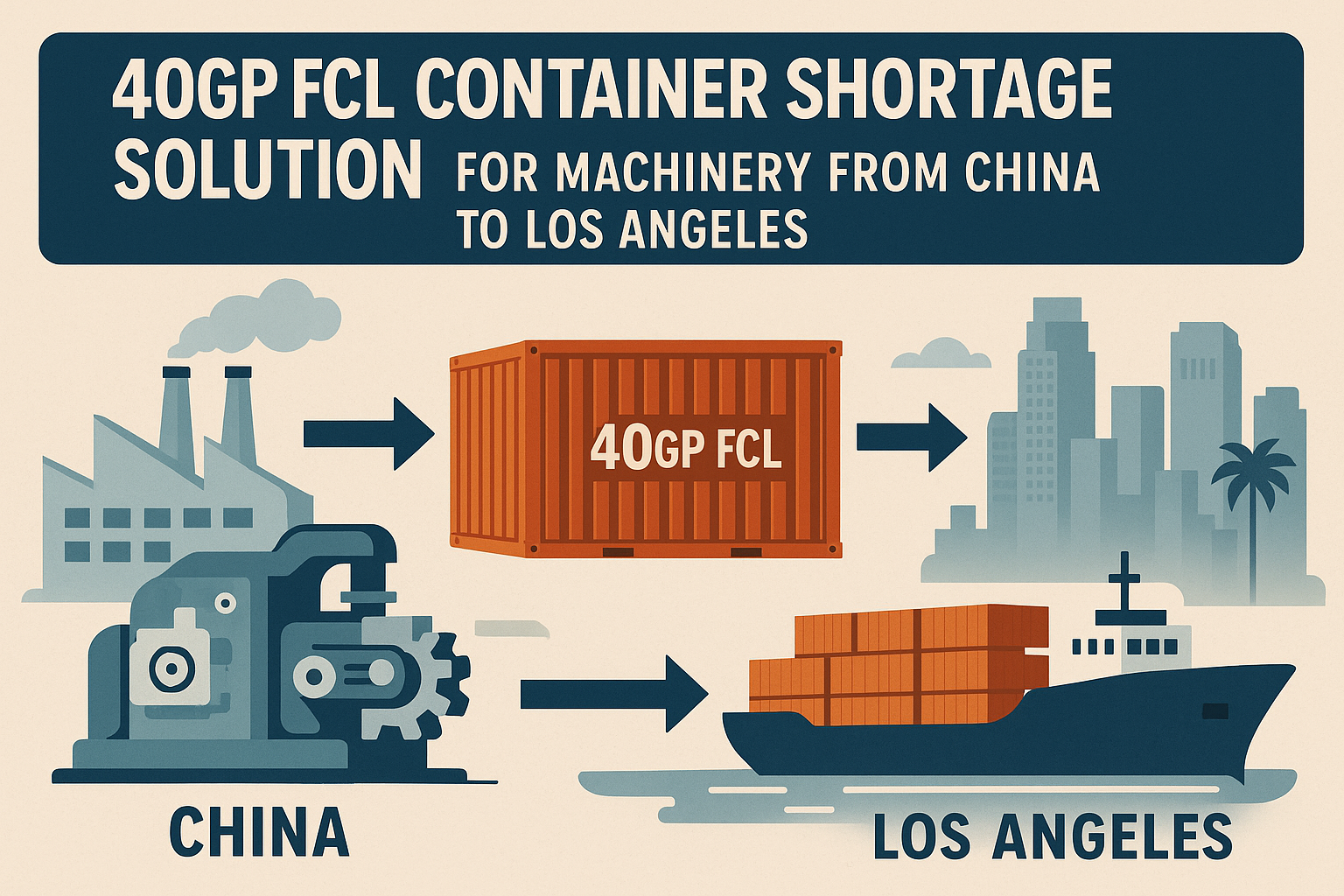 40GP FCL container shortage solution for machinery from China to Los Angeles