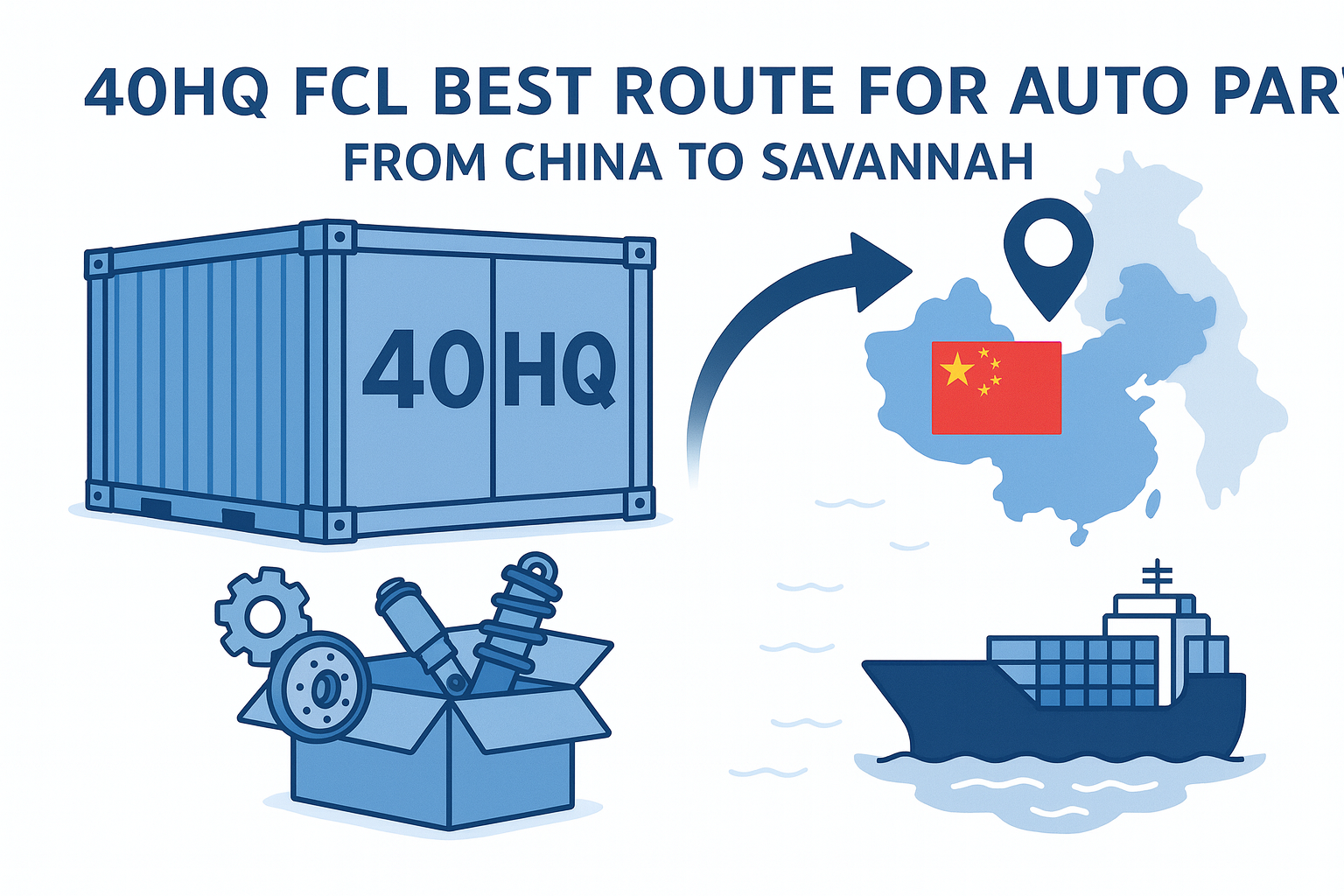 40HQ FCL best route for auto parts from China to Savannah