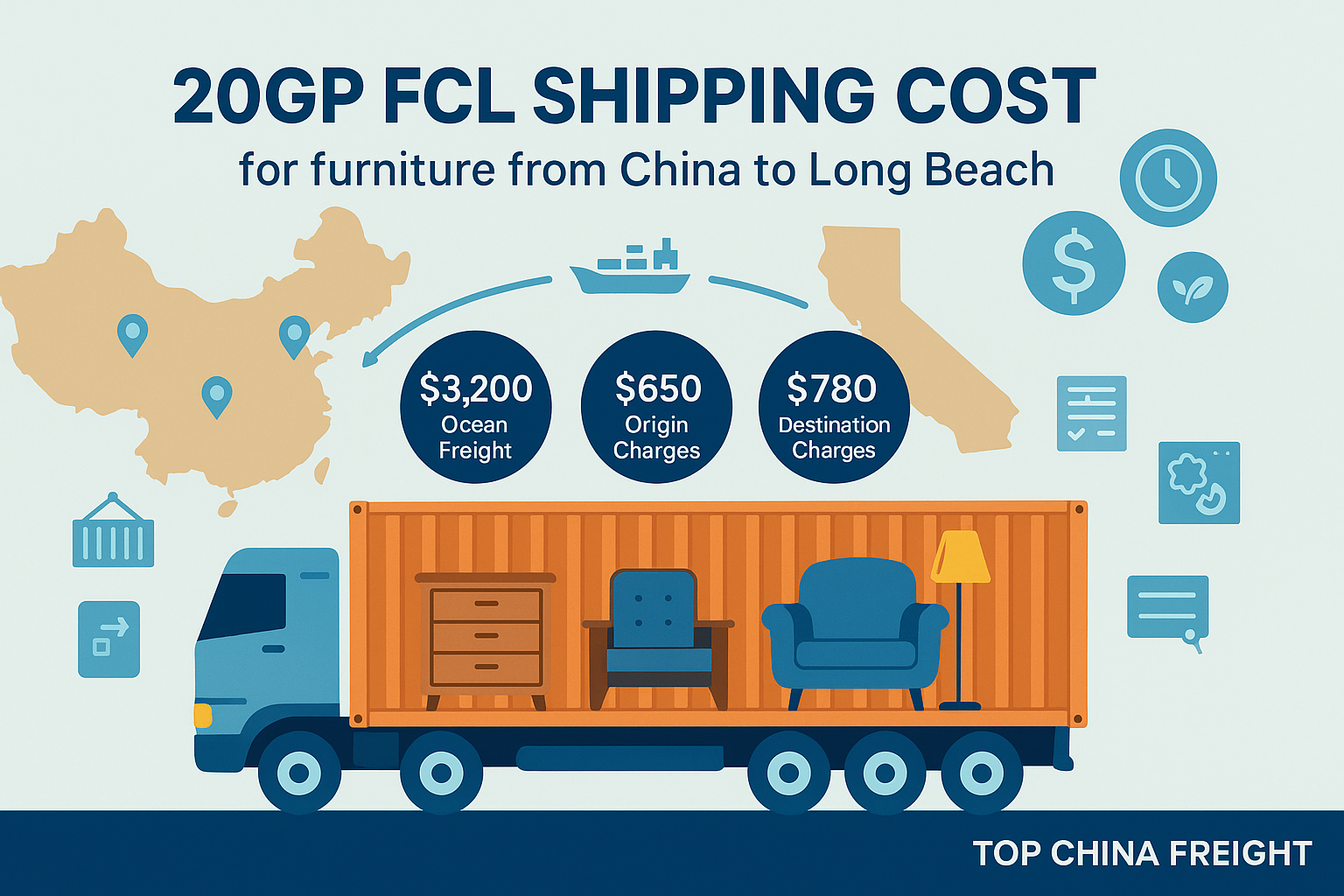 20GP FCL shipping cost for furniture from China to Long Beach