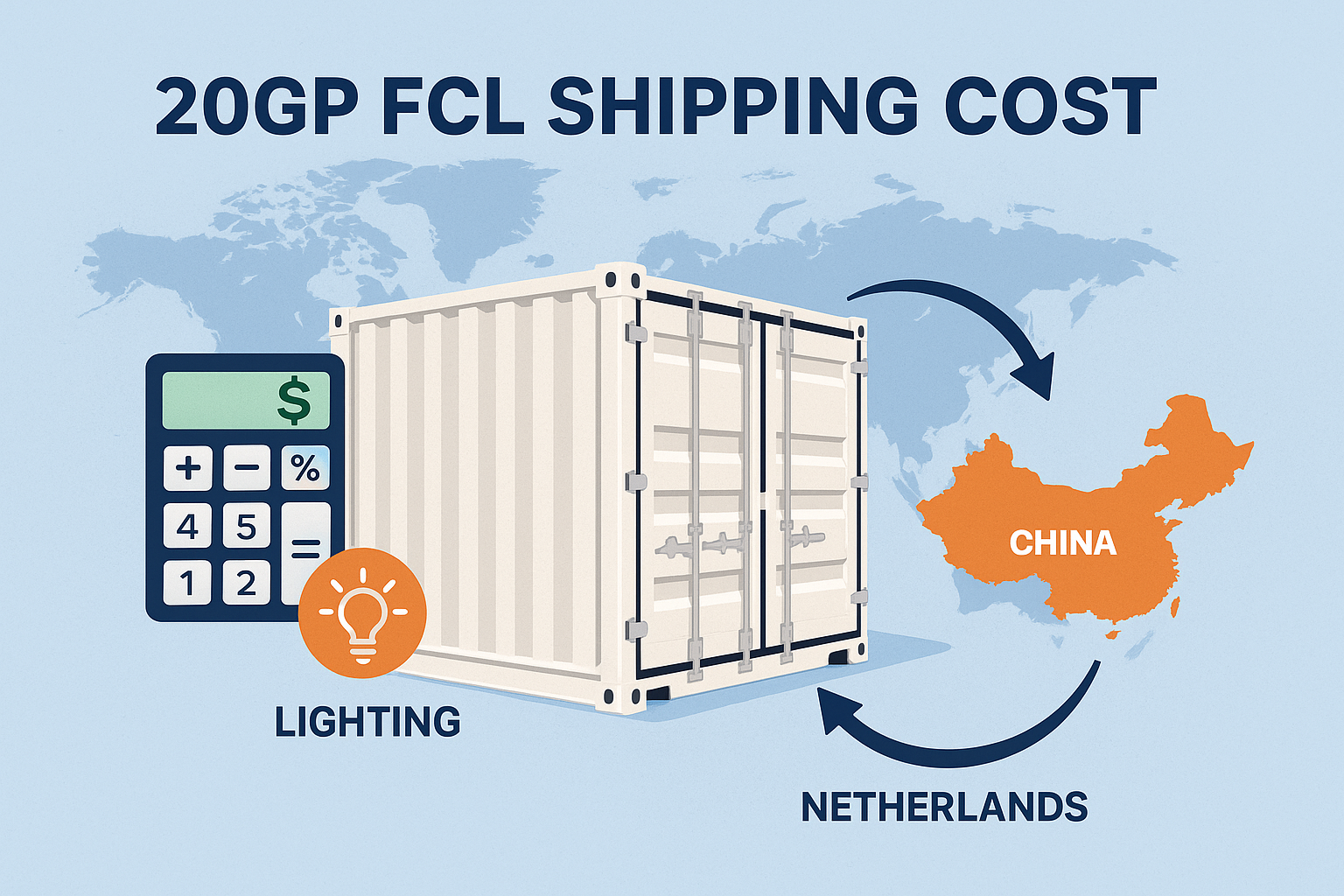 20GP FCL shipping cost for lighting from China to Netherlands