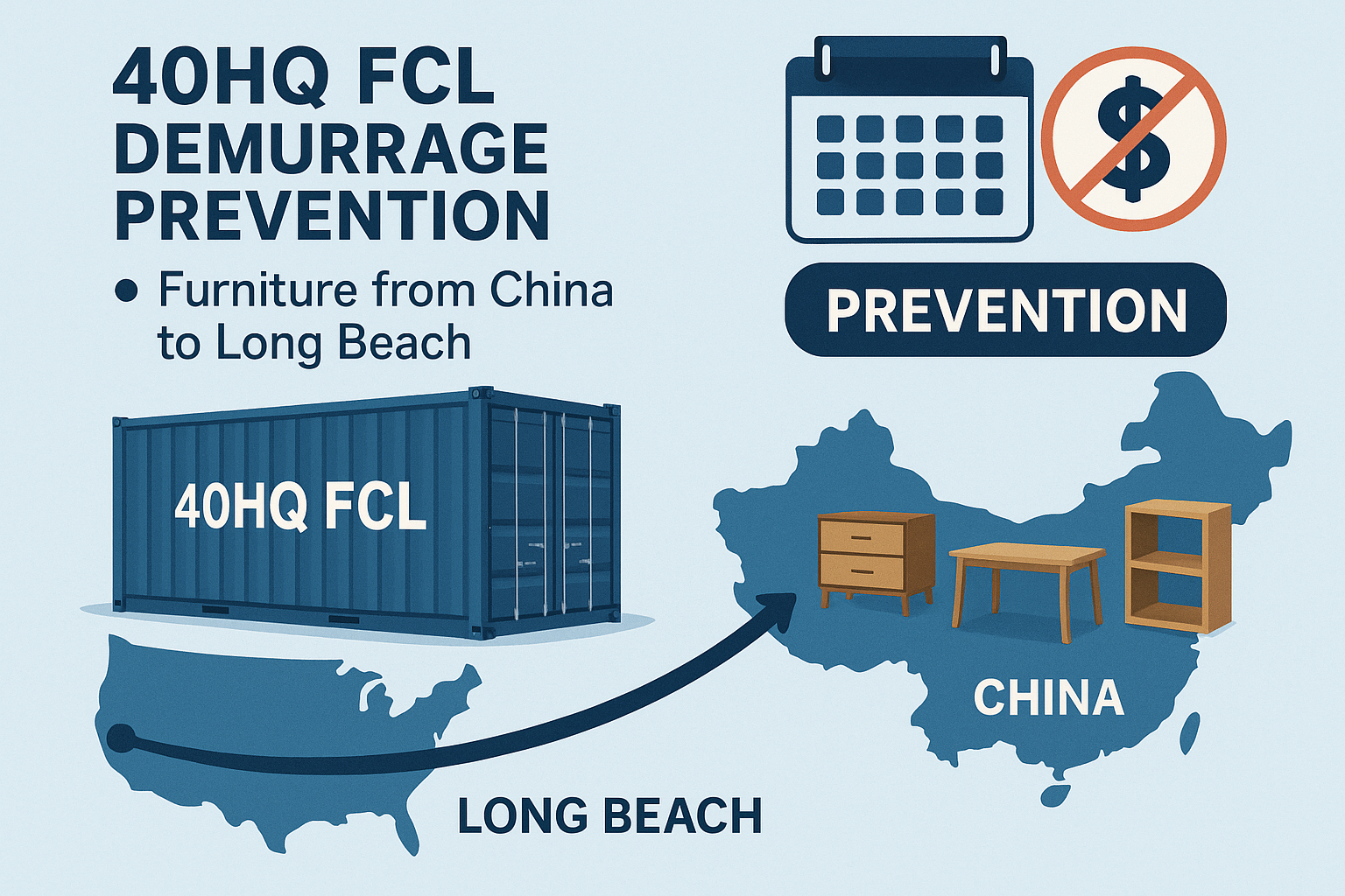40HQ FCL demurrage prevention for furniture from China to Long Beach