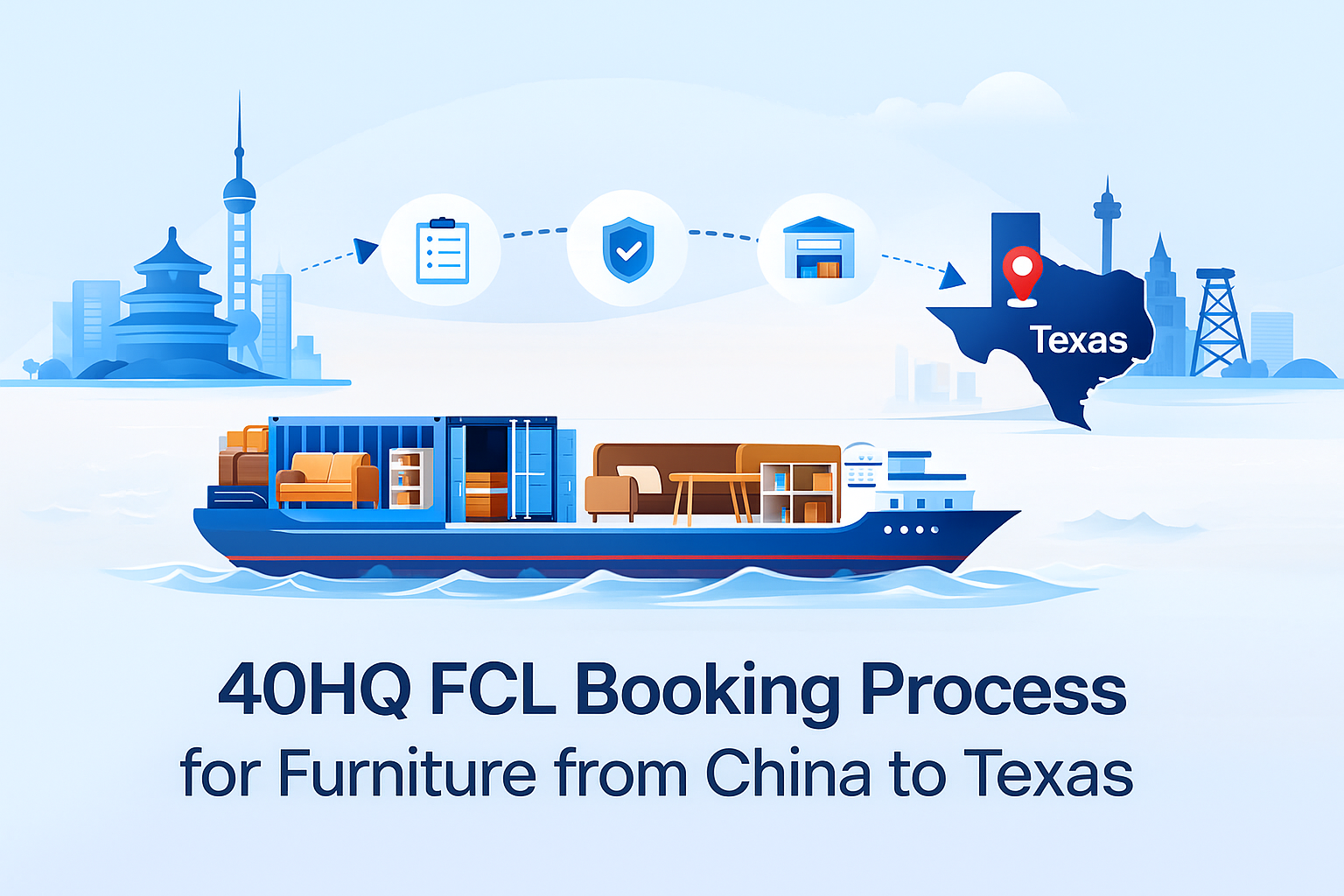 40HQ FCL booking process for furniture from China to Texas