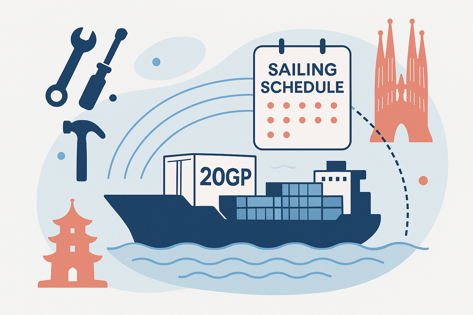 20GP FCL sailing schedule for hardware tools from China to Spain
