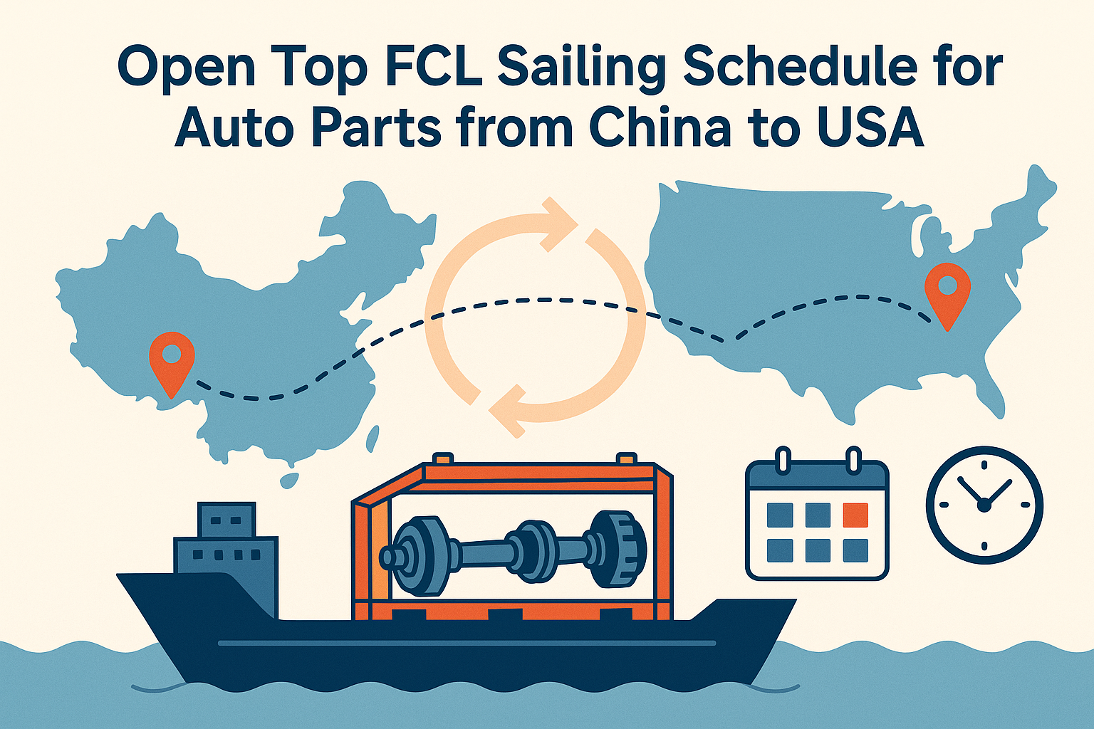 Open Top FCL sailing schedule for auto parts from China to USA