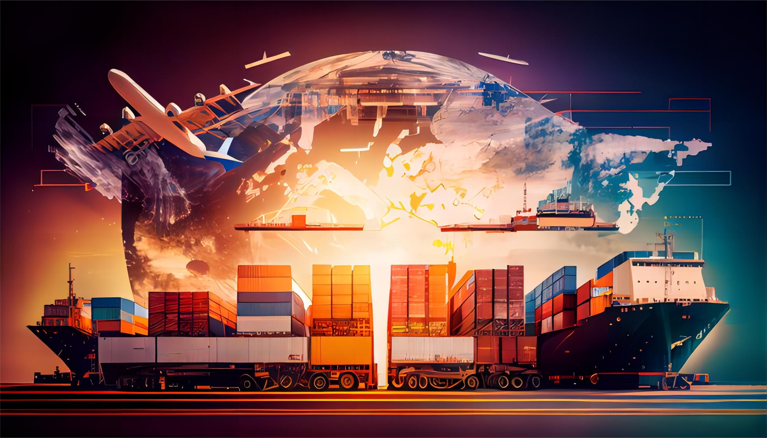 Cargo ship loaded with containers at a port, symbolizing international freight