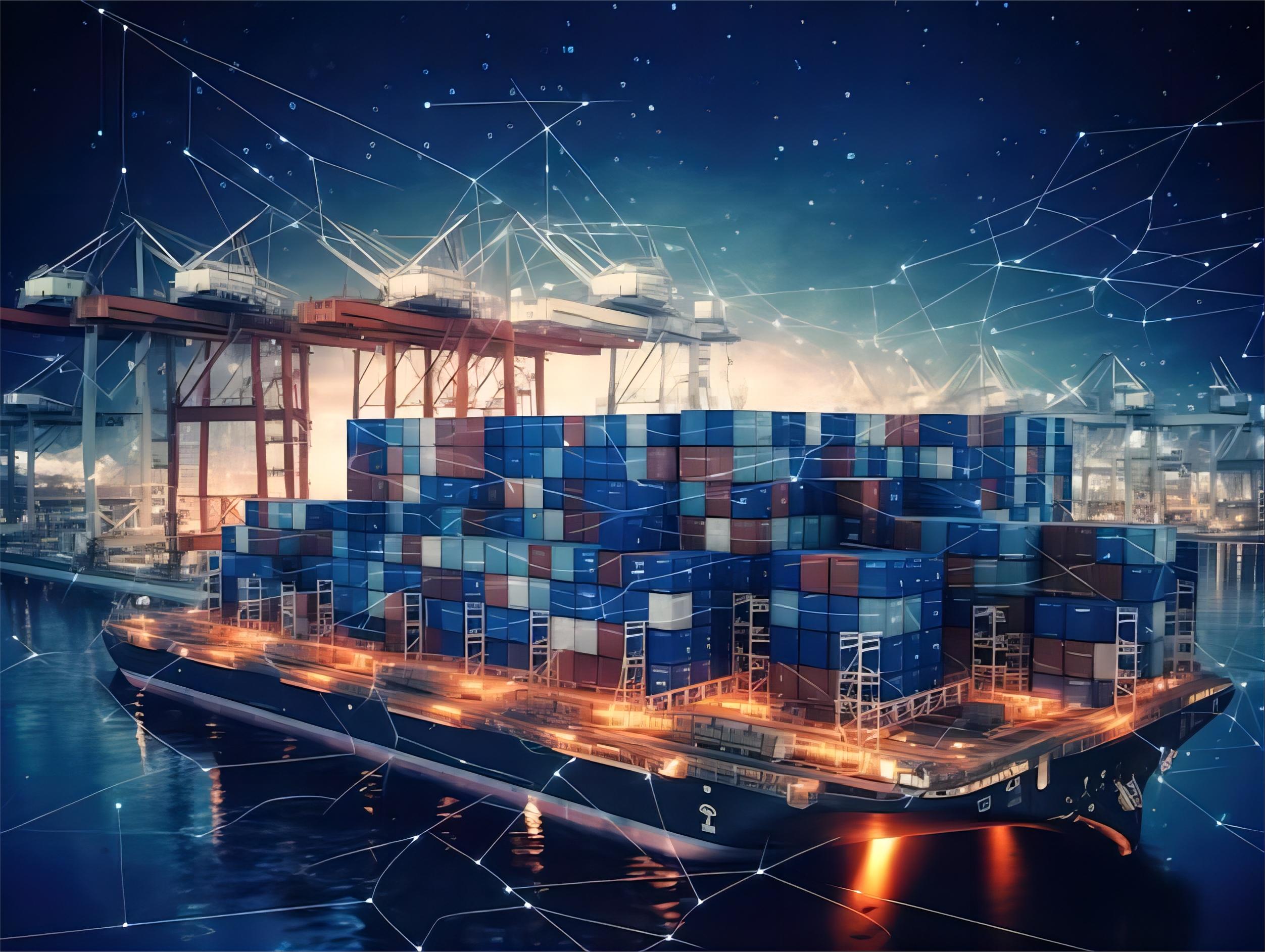 Cargo ships and containers at a busy port