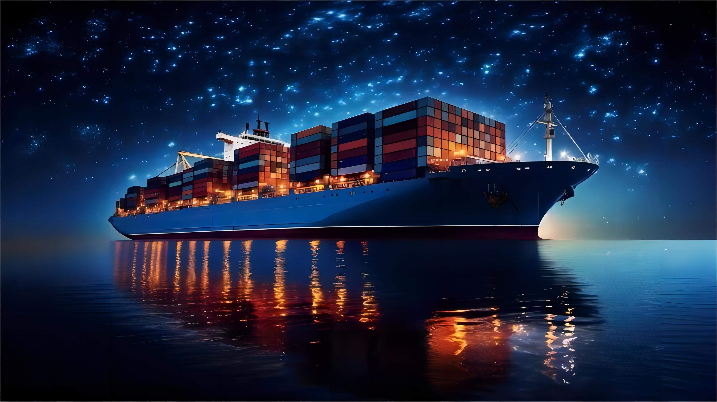 Cargo ship approaching the Port of Los Angeles at sunset