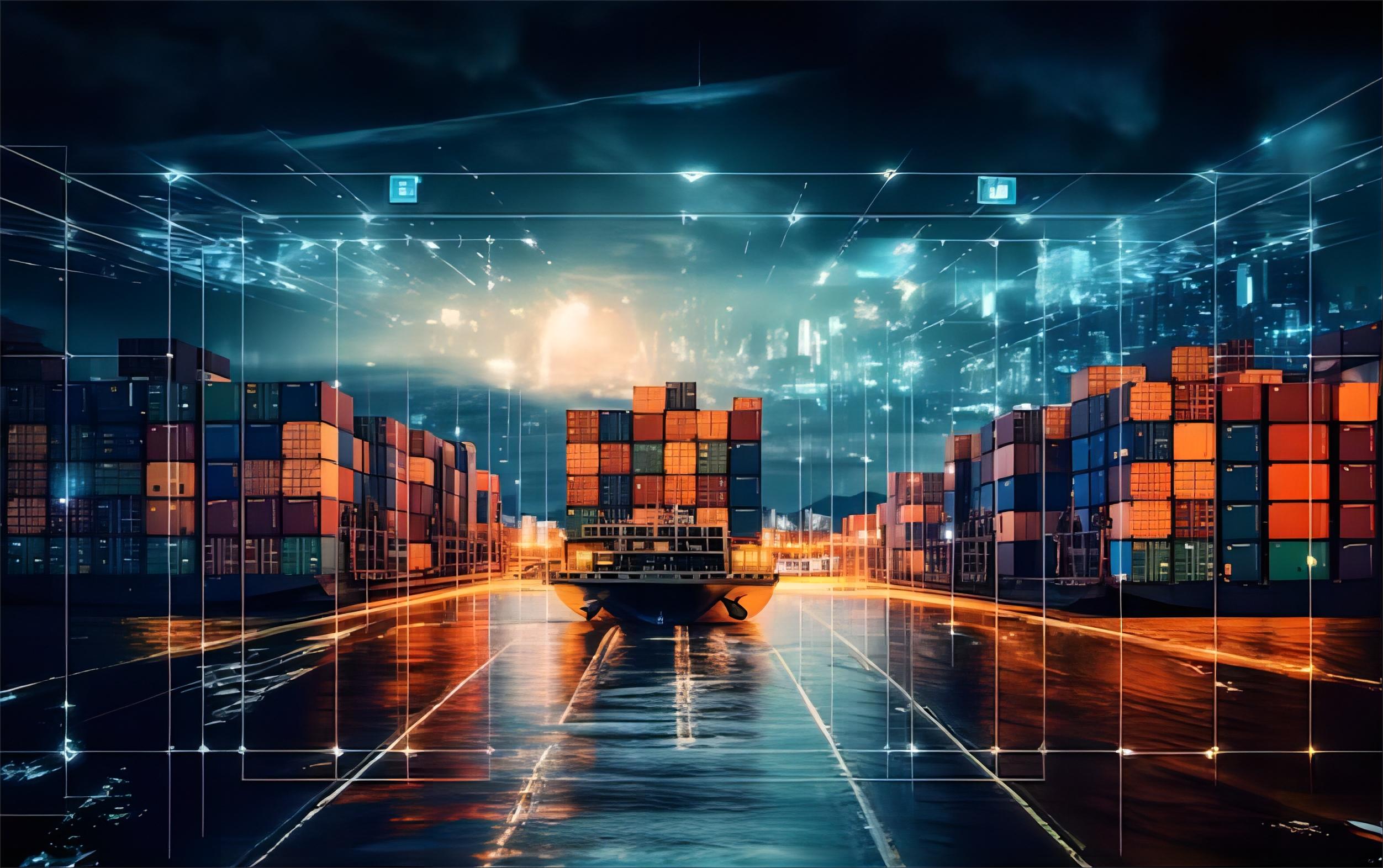 A bustling container port in Rotterdam, Netherlands, with ships and cranes