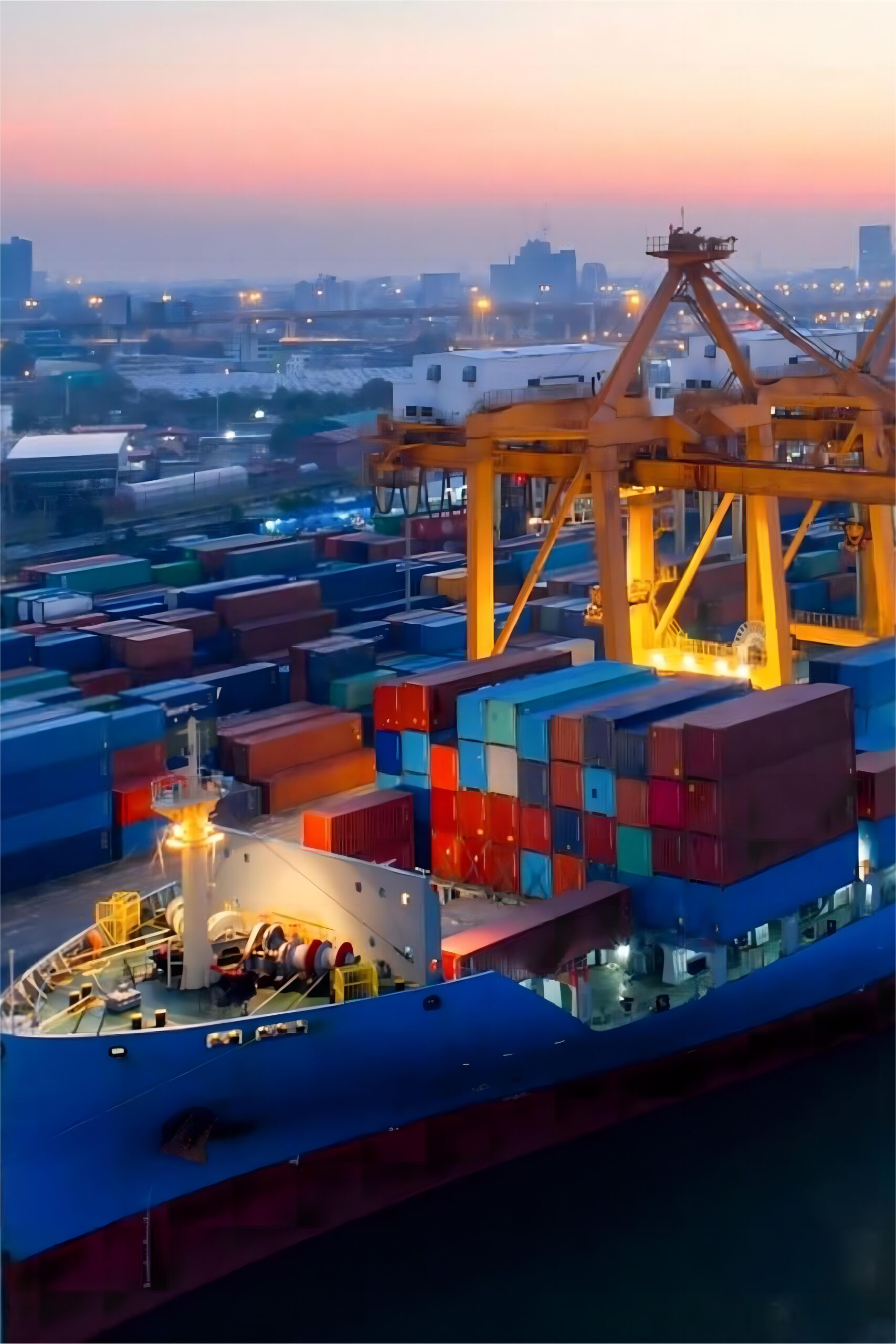 Container ship loaded with 40HQ FCL containers at a busy port