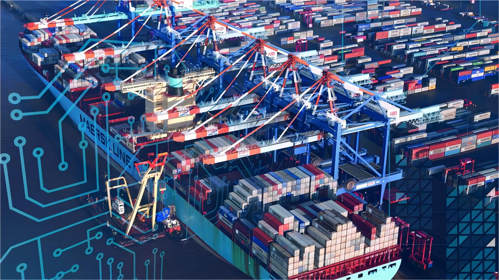 Container ship at port with textile bales