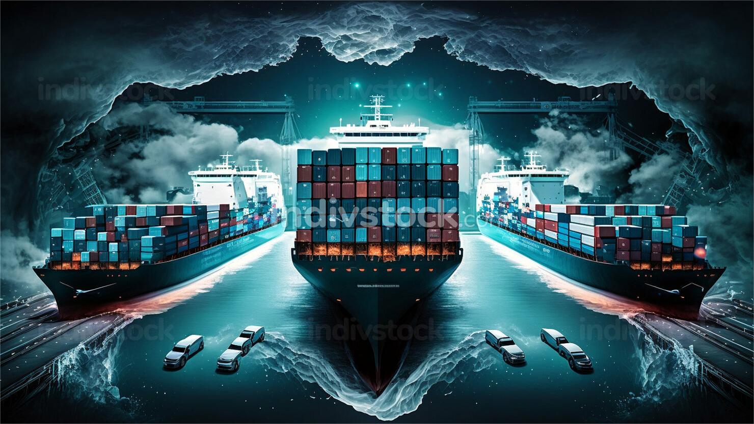 Shipping containers stacked at a busy port, symbolizing global trade and logistics