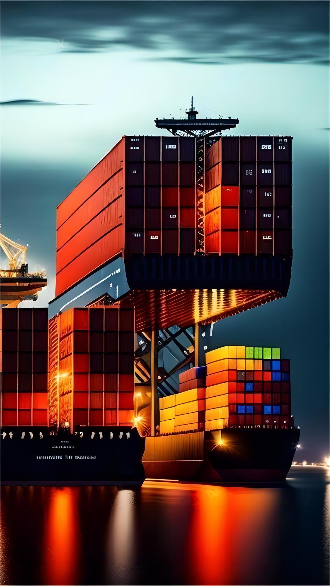 Cargo ship loaded with containers at a bustling port