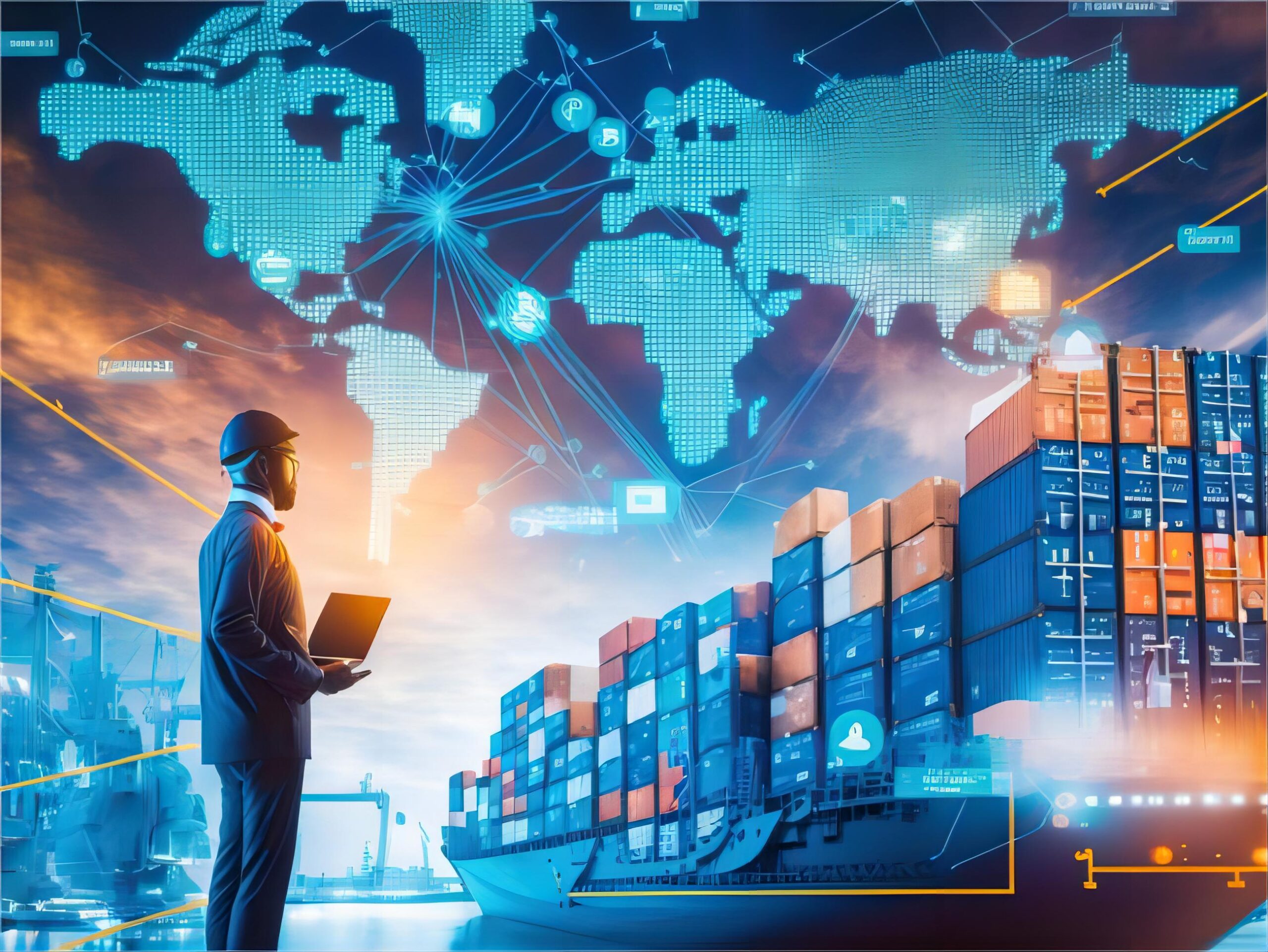 Logistics professional monitoring a global supply chain dashboard