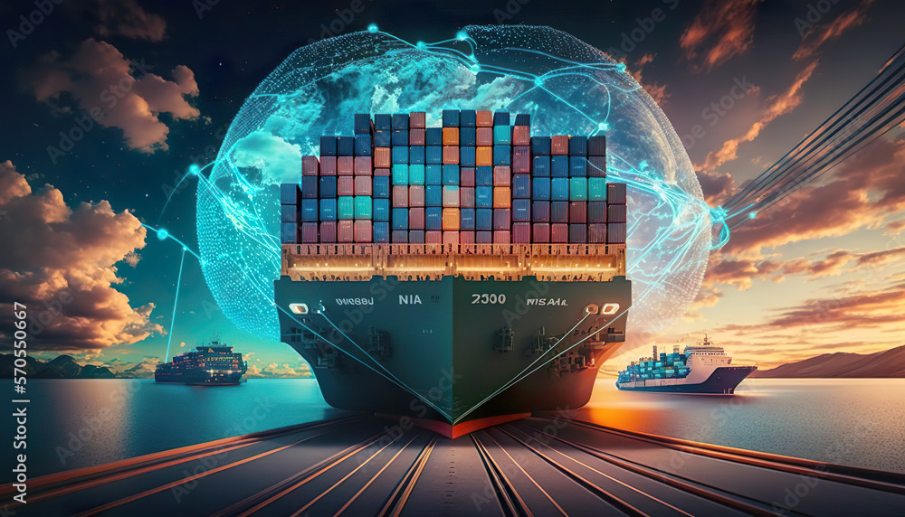 Logistics process flow chart with trucks, ships, and warehouses