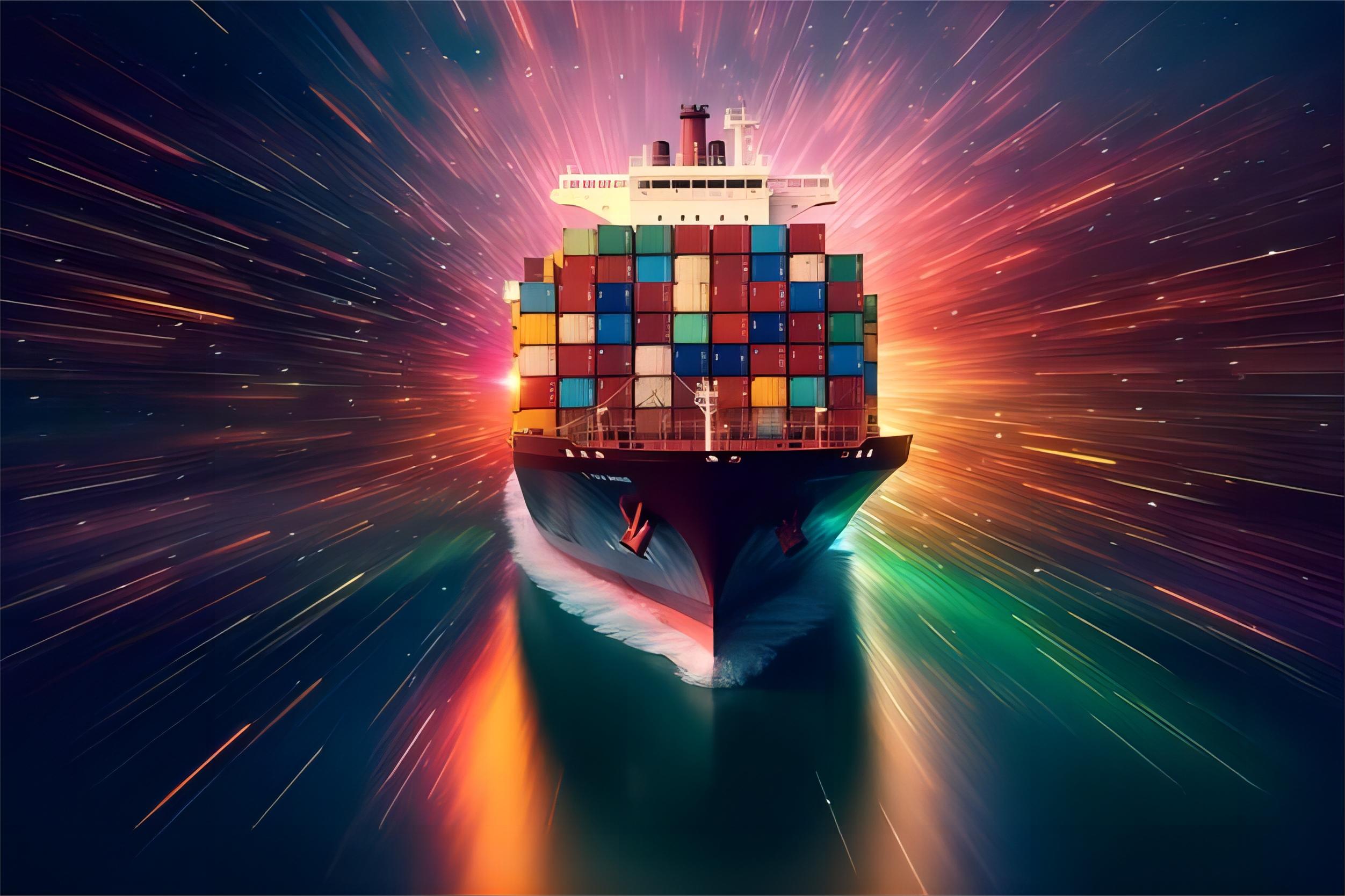 A large container ship transporting reefer units from China to Spain