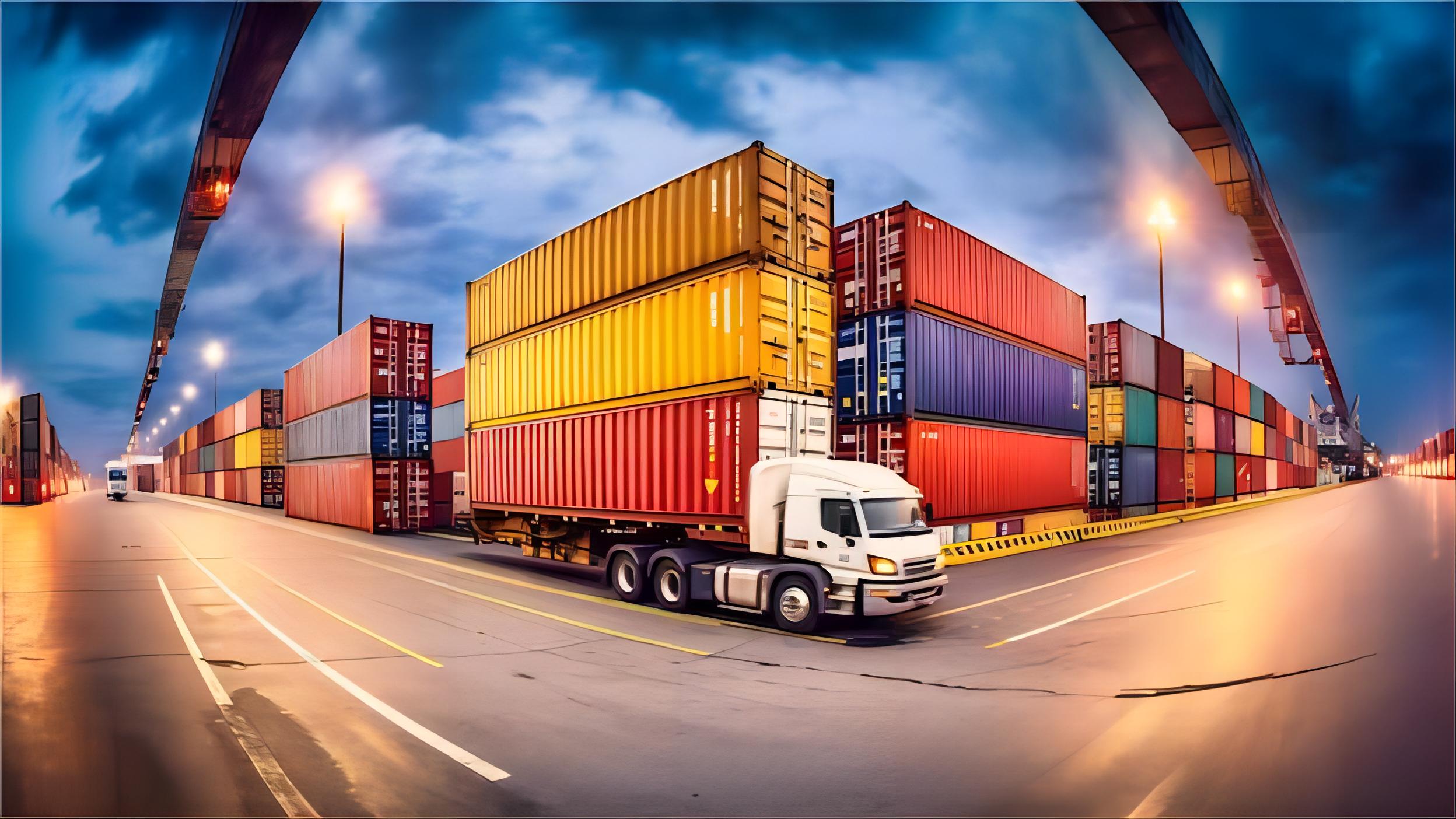 Cargo ship carrying flat rack containers on the route to Europe