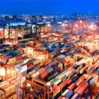 Cargo ship loaded with containers at a Chinese port