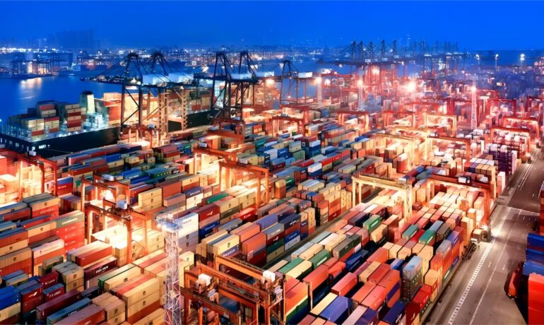 Cargo ship loaded with containers at a Chinese port